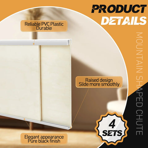 Four Sets Four Feet Long Plastic Sliding Cabinet Door Track Hardware For One Quarter Inch Thick Panels Includes Upper And Lower Tracks For Glass Windows Cabinets And Sliding Closet Doors Easy Quick Installation White, showing PVC track detail.