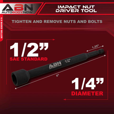1/2 inch SAE standard impact nut driver from the Impact Nut Driver Set Eight-Piece Metric Magnetic Bits With 6 Inch Long Shanks And Quarter Inch Hex Shank, Tough Sockets For Home Repairs, Auto, Metal And Woodworking, Reach Narrow Spaces With Ease.