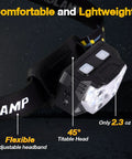 Ultra Bright Nine LED Rechargeable Headlamp Two Pack With Red Light Sensor For Running Cycling And Camping Waterproof Hands Free Head Light showing adjustable headband and tilt