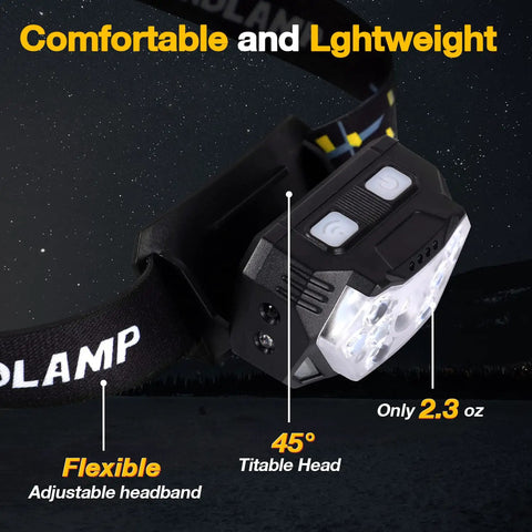 Ultra Bright Nine LED Rechargeable Headlamp Two Pack With Red Light Sensor For Running Cycling And Camping Waterproof Hands Free Head Light showing adjustable headband and tilt