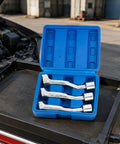 3 Piece Fuel Line Fitting Removal Wrench Kit Crafted From Solid Molybdenum Steel inside a blue storage case on a workbench.
