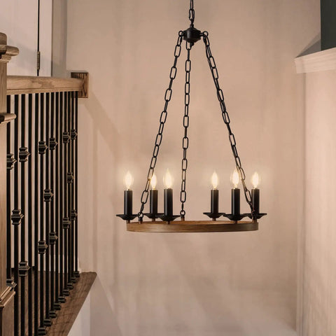 Farmhouse Wagon Wheel Chandelier With 6 Lights Industrial Round Candelabra Pendant Light Fixture hanging in a modern foyer
