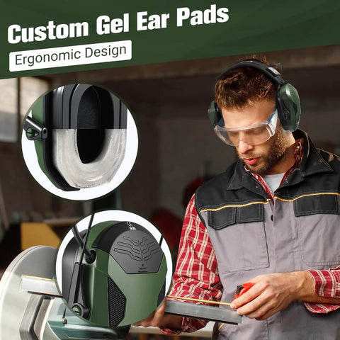 Man wearing Range Ready 23dB Shooting Earmuffs With Gel Ear Pads in workshop, highlighting custom gel ear pad design.