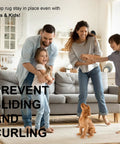 Happy family playing on hardwood floor with 12 Pack Rug Tape Gripper For Hardwood Floors Double Sided Reusable Under Rug Tape.