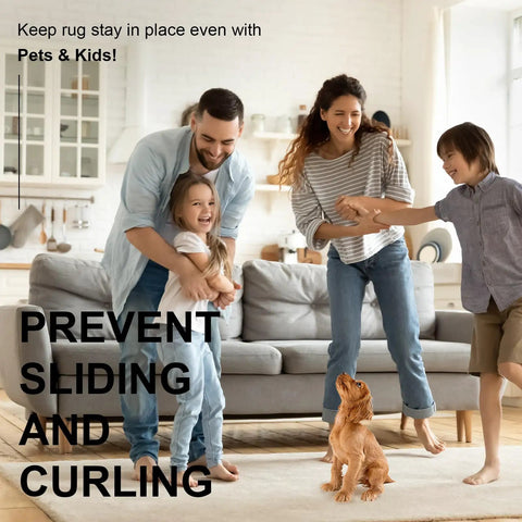 Happy family playing on hardwood floor with 12 Pack Rug Tape Gripper For Hardwood Floors Double Sided Reusable Under Rug Tape.