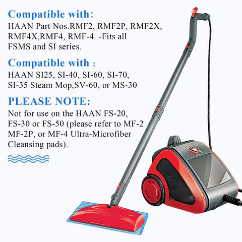 Haan steam cleaner with red head and blue washable pad for SI-40, SI-70, SI-35; compatible with RMF 4X Ultra Clean Steam Mop Pads