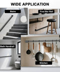 Various applications of Six Foot Black Metal Wall Mounted Stair Handrail Featuring Industrial Pipe Styling and a Legit Five Hundred Pound Weight Limit.
