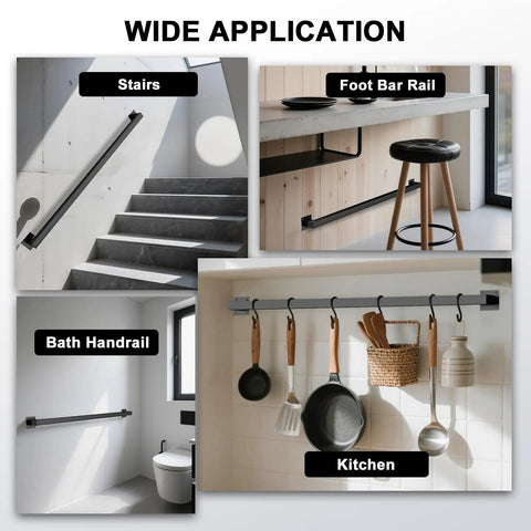 Various applications of Six Foot Black Metal Wall Mounted Stair Handrail Featuring Industrial Pipe Styling and a Legit Five Hundred Pound Weight Limit.