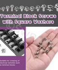 Top Shelf Nickel Plated Carbon Steel Terminal Block Screws With Square Washers Assortment Kit M3 M3.5 M4 M5 Sizes displayed with terminal block.