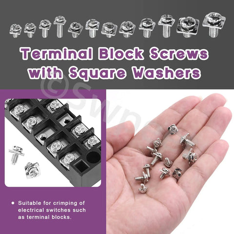 Top Shelf Nickel Plated Carbon Steel Terminal Block Screws With Square Washers Assortment Kit M3 M3.5 M4 M5 Sizes displayed with terminal block.