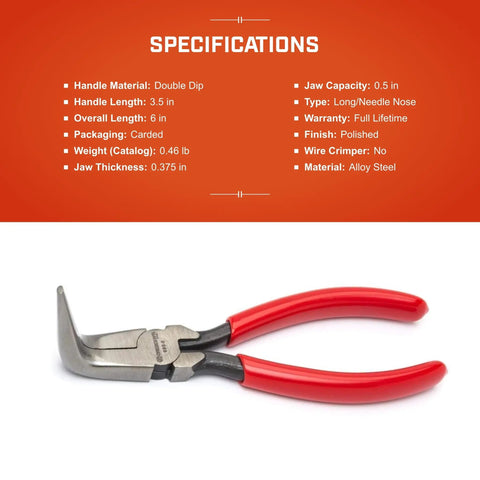 6 Inch Curved Needle Nose Pliers with Cushion Grip, solid joint, alloy tool steel, bent tips for tight corners, polished finish