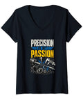 Rad Women's V-Neck Tee For Machinists And CNC Pros Featuring Cool Gauge Square And Vise Tool Graphics black cotton shirt with graphic.