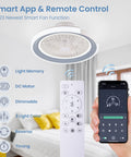 Bladeless Ceiling Fan With LED Lights And Remote 20 Inch Low Profile Flush Mount Smart App and wall control display.
