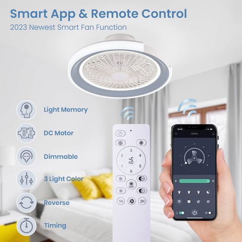 Bladeless Ceiling Fan With LED Lights And Remote 20 Inch Low Profile Flush Mount Smart App and wall control display.