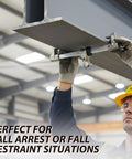 Worker using Smooth Aluminum Sliding Beam Anchor For I Beam with 360 Rotating D Ring to secure fall protection.