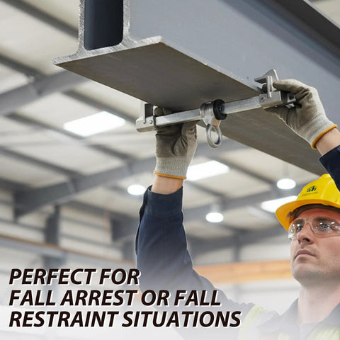 Worker using Smooth Aluminum Sliding Beam Anchor For I Beam with 360 Rotating D Ring to secure fall protection.