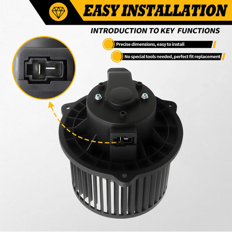 Direct Fit HVAC Blower Motor Assembly For Kia Soul 2010 To 2019, showing installation connector and fan details.
