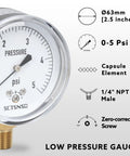 Zero To Five Psi Capsule Low Pressure Gauge With 2.5 Inch Dial And 1/4 In NPT Lower Mount Chrome Plated Case