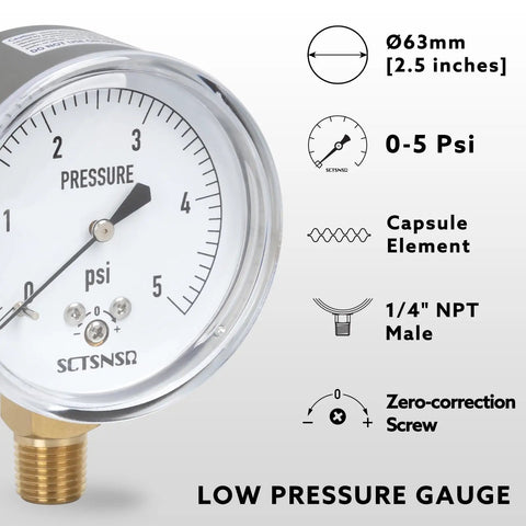 Zero To Five Psi Capsule Low Pressure Gauge With 2.5 Inch Dial And 1/4 In NPT Lower Mount Chrome Plated Case