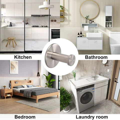 Six Pack Self Adhesive Wall Coat Hooks Heavy Duty Stainless Steel Robe Hooks With 12 Pound Capacity Brushed Finish shown in various rooms