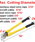 Heavy Duty 18 Inch Cable Cutters With Tapered Jaws For Stainless Steel Wire Rope Cables Industrial Strength Hand Tool and max cutting dimensions