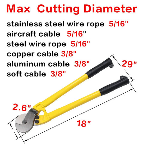 Heavy Duty 18 Inch Cable Cutters With Tapered Jaws For Stainless Steel Wire Rope Cables Industrial Strength Hand Tool and max cutting dimensions