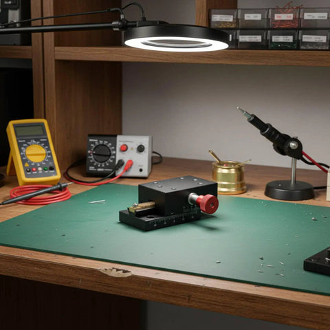 Top Notch Precision Dovetail Linear Stage With Dovetail Guide And Manual Rack And Pinion Travel For Rock Solid Fine Positioning Optical Alignment And Small Fixture Adjustments In Scientific Labs And Research. black metal dovetail linear stage with red handwheel on workbench