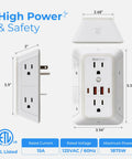 No Cap Wall Mount Power Strip With 6 Widely Spaced Outlets And 4 Rapid Charge USB Ports Includes Chill Night Light and Heavy Duty Surge Protection For Your Entire House, showing dimensions and front view.