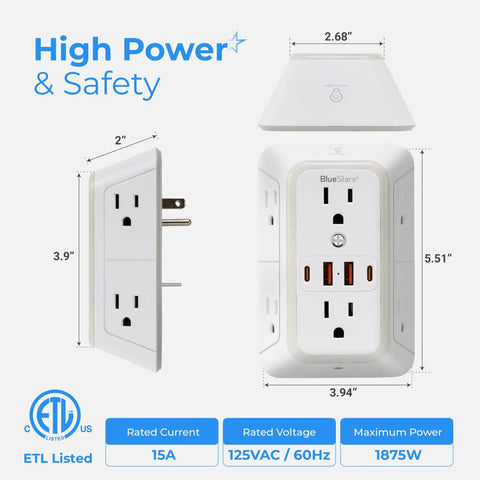 No Cap Wall Mount Power Strip With 6 Widely Spaced Outlets And 4 Rapid Charge USB Ports Includes Chill Night Light and Heavy Duty Surge Protection For Your Entire House, showing dimensions and front view.