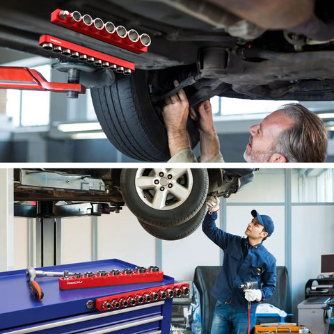 Mechanics using Two Piece Half Inch Drive Metric Magnetic Socket Organizer Set Holds Nineteen Sockets With Detachable Tool Tray And 5mm Magnetic Base Built Tough For Garage And Home Workshop in an auto repair shop.