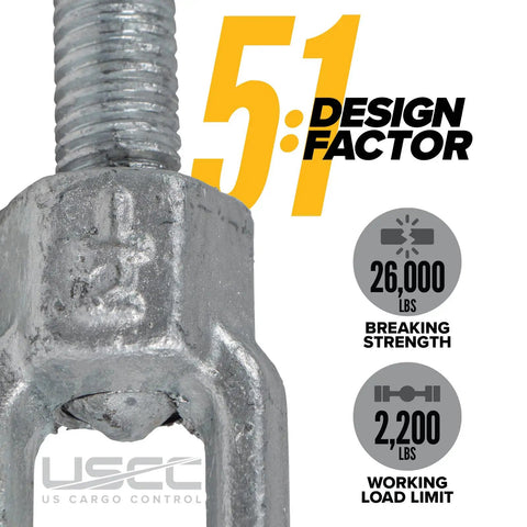 Close-up of Rock Solid Jaw And Jaw Turnbuckles 500 Pack 1/2 X 6 Inch Hot Dipped Galvanized showing 2200 lbs working load limit and 26000 lbs breaking strength.