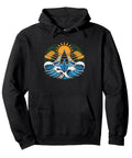 Outrigger Canoe Paddler Hoodie For Dawn Patrol Crew Training Distressed Badge Waves Pullover Sweatshirt Black Ocean Miles Every Morning Ready To Row And Crush It featuring sun and waves design