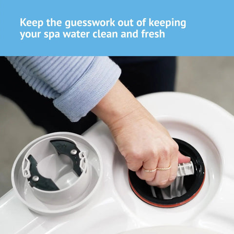 Smart Water Monitor For Spas And Hot Tubs With Salt System Support, Hourly Testing, And Effortless Monitoring To Keep Your Water Clean, Natural Feeling, And Ready For Relaxing Soaks, white unit being installed