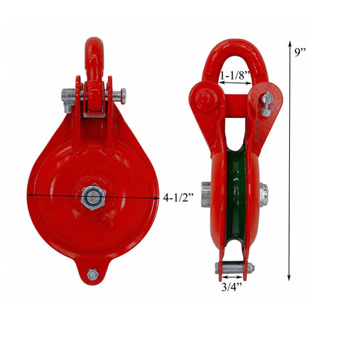 Beefed Up Yarding Block With Side Opening Link 4 Inch Single Sheave Red Powder Coat Fits 9 mm Rope 2200 Lbs Working Load Limit