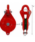 One Ton Snatch Block Pulley With Shackle, Heavy Duty Single Sheave 4 Inch Wheel, Red Powder Coat, Side View and Front View