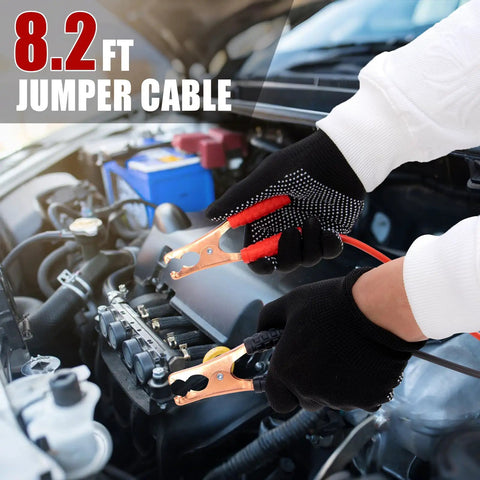 Hands using 8.2 ft jumper cables in Grab and Go Roadside Emergency Kit for Cars and SUVs
