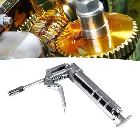 Heavy Duty 120cc Grease Gun Handheld Lubrication Tool for Industrial Equipment, plated metal, easy squeeze, quick fill.