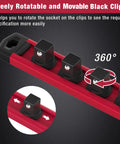 Magnetic Socket Rail Organizer For 3/8-Inch Drive Set with rotatable black clips on red aluminum rail