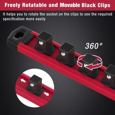 Magnetic Socket Rail Organizer For 3/8-Inch Drive Set with rotatable black clips on red aluminum rail