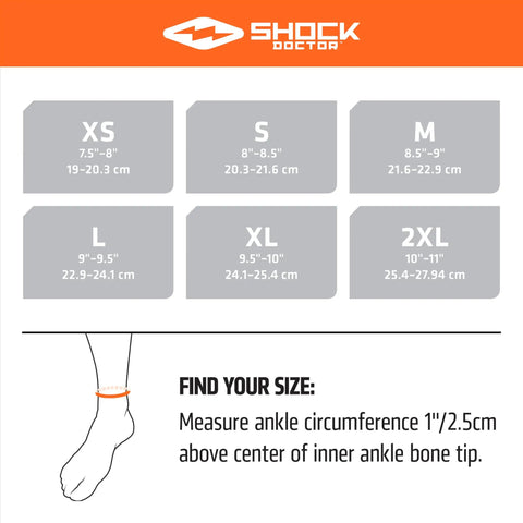 Ultra Knit Ankle Brace With Figure 6 Straps And Stays For All Day Support, size chart for XS to 2XL, step by step measuring guide