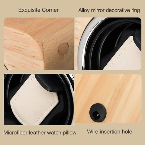 Details of Wooden Dope Watch Winder Box For Automatic Watches showing corner, ring, pillow, and wire hole.