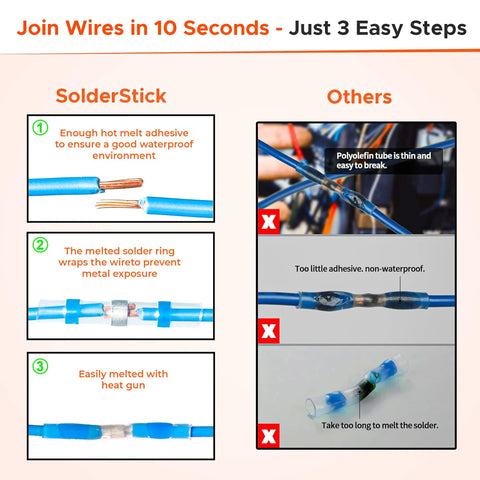 Comparison chart of Waterproof Solder Seal Wire Connectors Kit and others showing adhesive and connection quality.