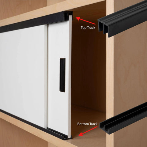 One Quarter Inch Panel Sliding Door Track Kit 48 Inch Black Plastic Upper And Lower Set USA Made Pack Of 2 installed in cabinet