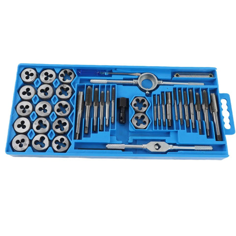 Hardened Alloy Steel Tap And Die Set With Variable Hand Tools For Heavy Duty Screw Threading Operations That Cut Tapered Threads And Craft Precise Nuts In Any Job Shop Or Garage Repair Scenario, blue case