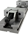 Close-up view of Real Deal Six Inch CNC Milling Vise With Three Hundred Millimeter Jaw Opening and alloy steel frame for precision workholding.
