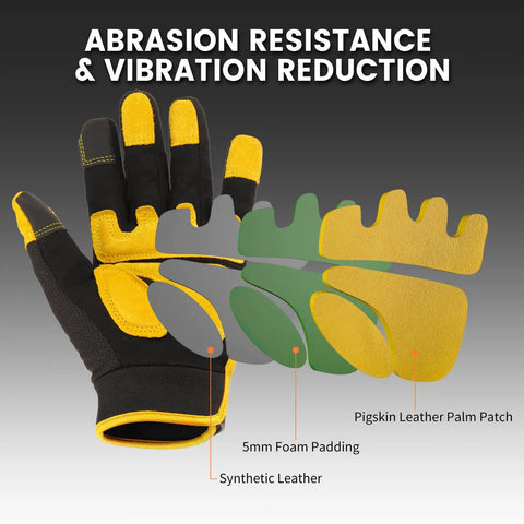 Diagram of All Purpose Mens Utility Work Gloves With Synthetic Leather Palm For Tough Jobs showing layers and materials.
