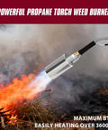 Heavy Duty Propane Weed Torch Kit With Turbo Trigger in use, emitting high BTU flame over 3600°F, ideal for weeding and outdoor tasks