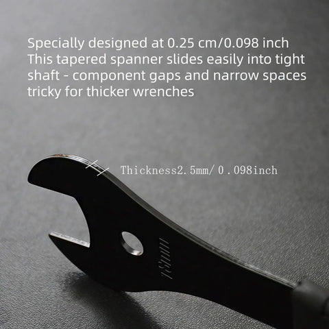 Close-up of a 13mm tapered spanner from the Bicycle Cone Wrench Set 4 Piece 13-14-15-16mm Dual Jaw for Easy Cone Nut Removal.