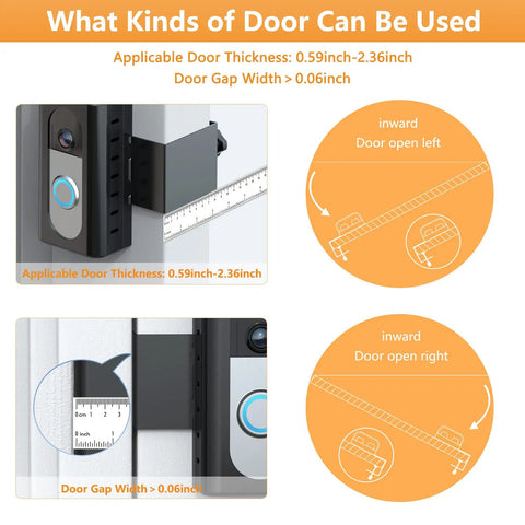 Anti-Theft Video Doorbell Mount dimensions for door thickness 0.59-2.36 inch and door gap width over 0.06 inch
