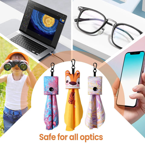 Glasses cleaning cloths, six-pack microfiber with clips in colorful patterns; front view.